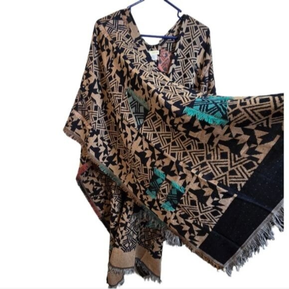 Bay Sky Poncho Abstract Print Fringe Open Front Cardigan Multicolor One Size - Picture 6 of 11